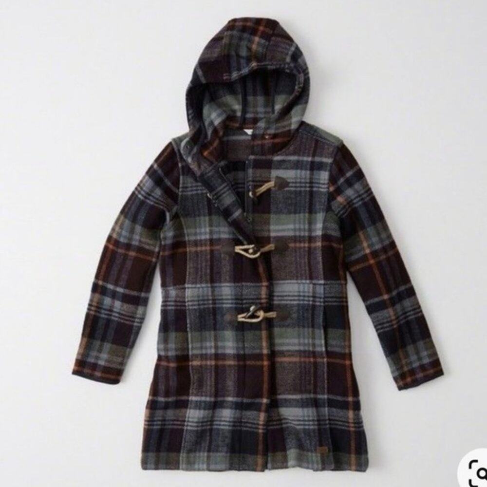 ABERCROMBIE x WOOLRICH Century Wool Duffle Coat Blue Plaid Sz L $350